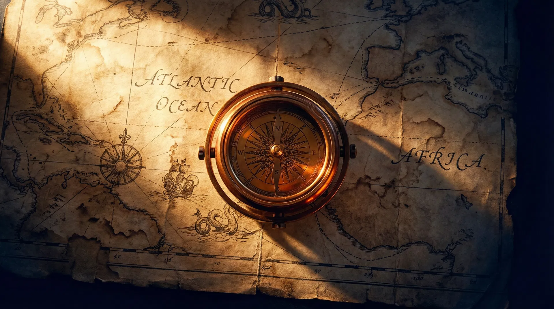 Antique nautical compass on weathered maritime map