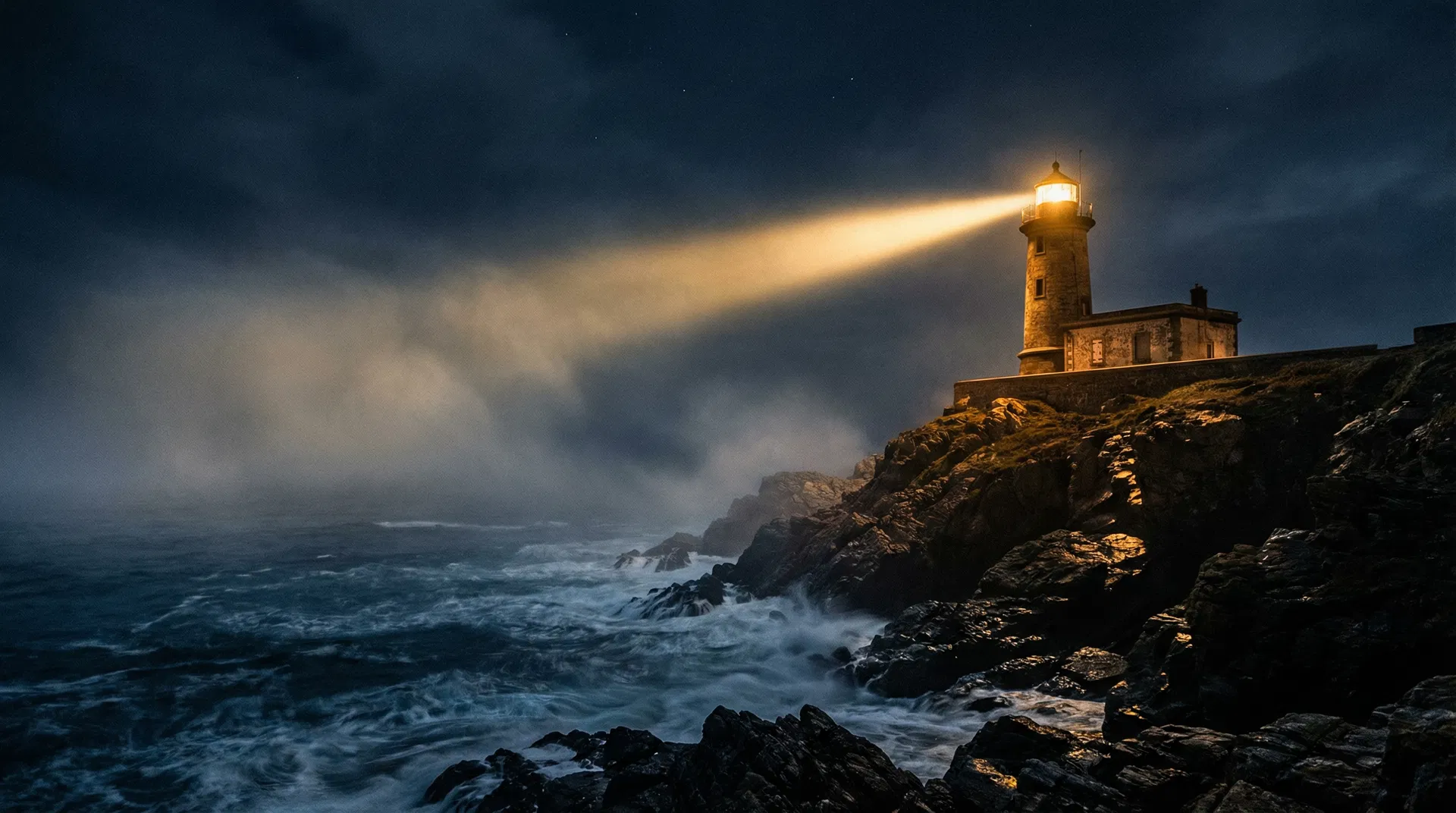 Lighthouse beam cutting through ocean fog at night